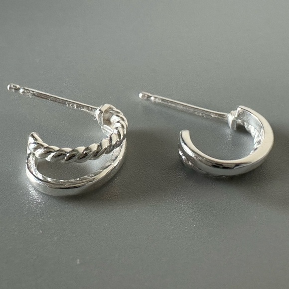 Sterling Silver Double Hoop Smooth and Twist Tiny Huggy Earrings - Picture 6 of 13